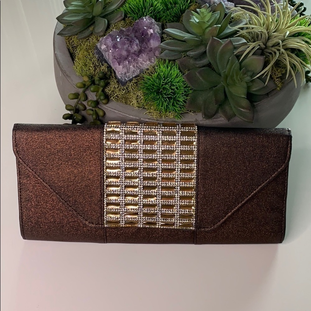 Boutique Brown metallic Shimmer Jeweled Clutch / shoulder evening cocktail